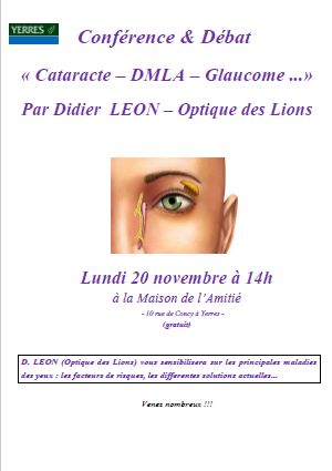 Conférence débat Cataracte DMLA Glaucome Maison de lamitié Yerres 20 11 17